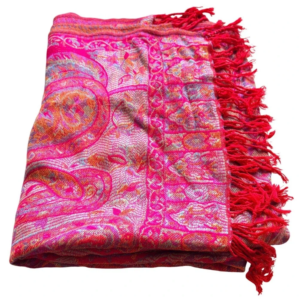 90% Cashmere 10% Silk Paisley Pashmina Shawl Scarf Pink Red Fringe
